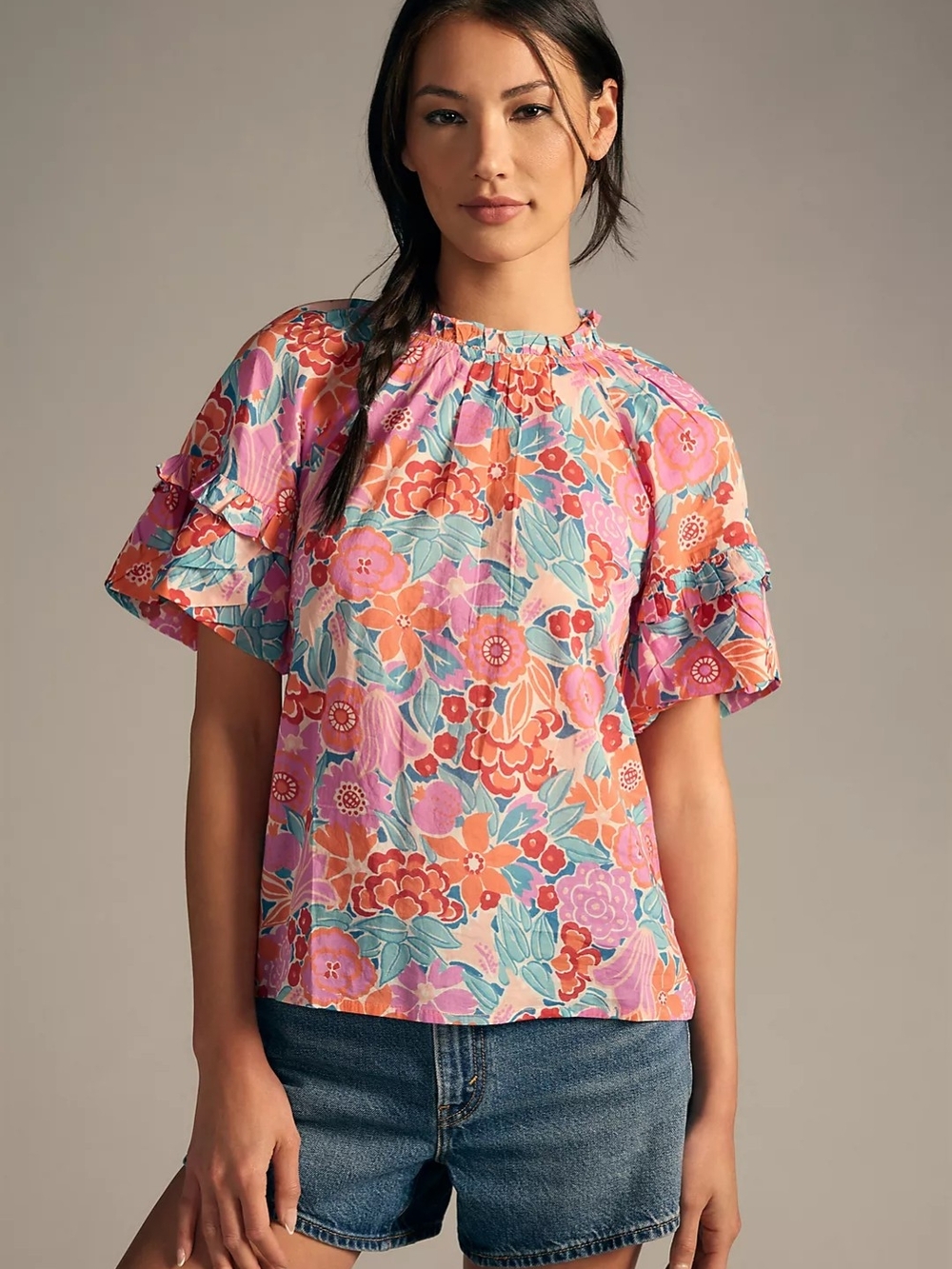 Anthropologie Banjanan Marie Floral Ruffle-Sleeve Blouse